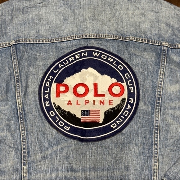 Polo Ralph Lauren Distressed Denim Trucker Alpine Racing Patch Jacket Size XLT - Picture 2 of 8